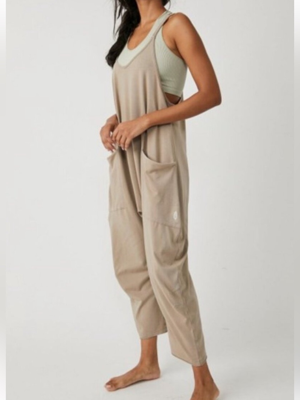 Free People Movement Sleeveless Taupe Harem Jumpsuit Overalls Oversized Large